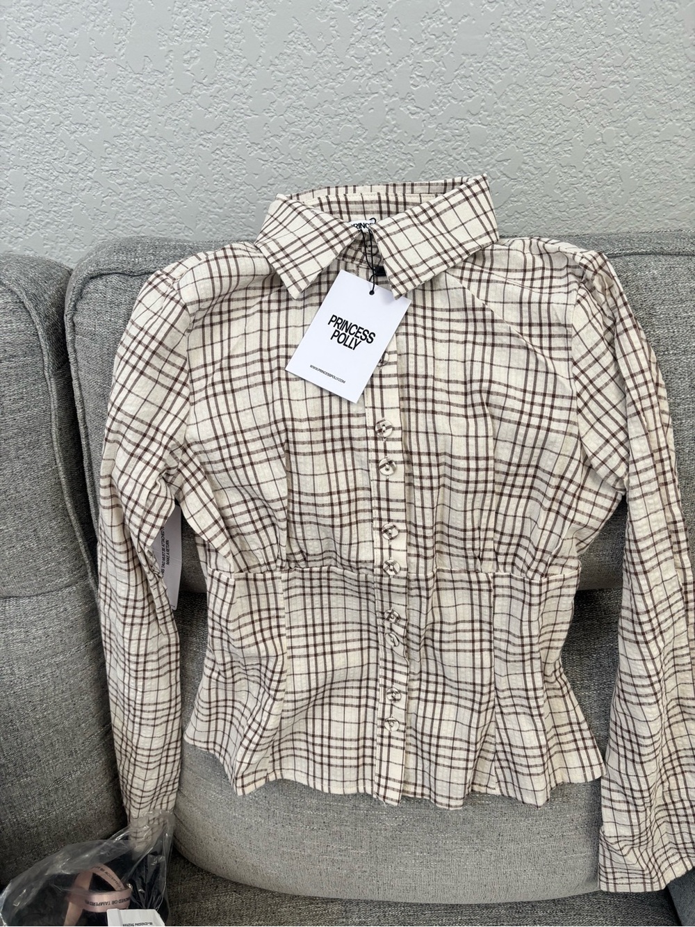 Princess Polly Cream and Brown Plaid Button-Front Peplum Blouse